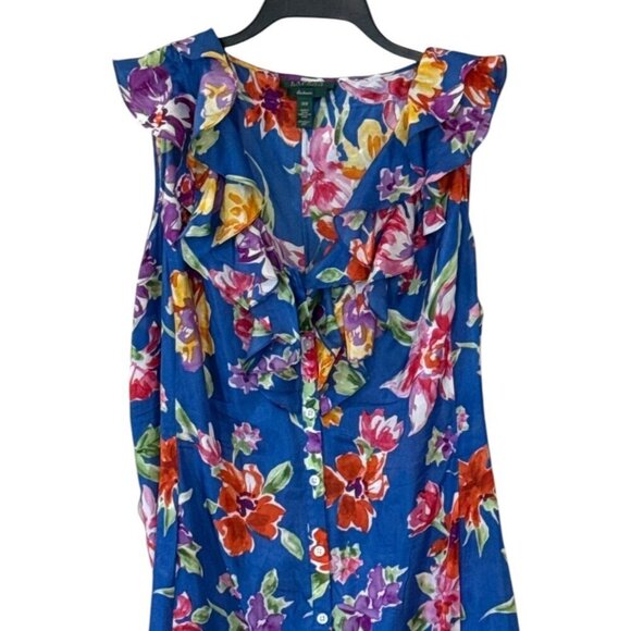 Lauren Ralph Lauren Women's Silk Ruffle Collar Floral Button Front Dress Blue 14 - Picture 3 of 8